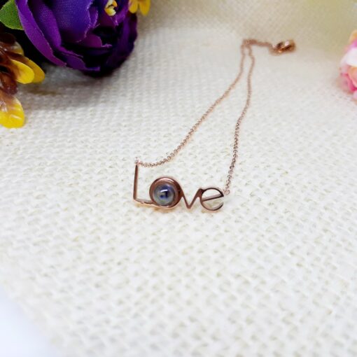 Kalung Fashion Korea Titanium Warna Rose Gold Huruf Love Mata Hitam Opal - BN255